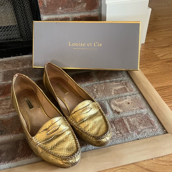 💗Louise Et Cie Gold Metallic Snake Embossed Leather Penny Loafers - size 9. - Picture 6 of 14